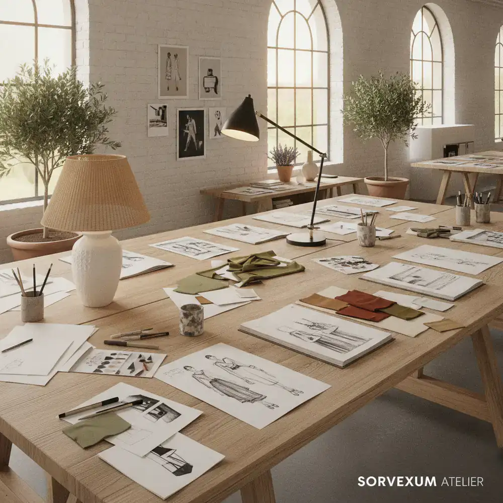 Mesa de trabajo en el estudio de diseño de Sorvexum Atelier con bocetos y lámparas de mesa