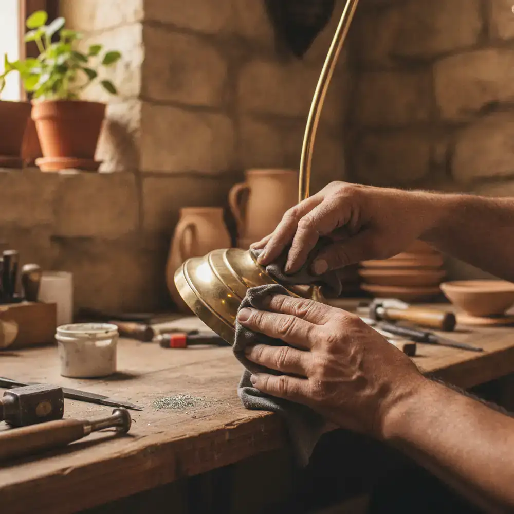 Manos de artesano puliendo una base de lámpara de latón