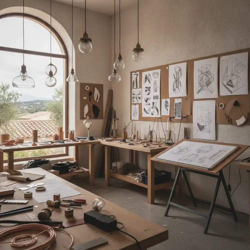 Vista del taller de Sorvexum Atelier con bocetos y materiales de iluminación
